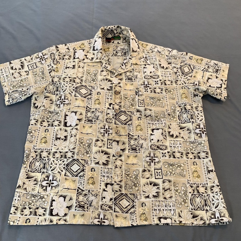 Roundy Bay Shirt Mens XL Beige Floral Hawaiian Button Front Casual Polyester